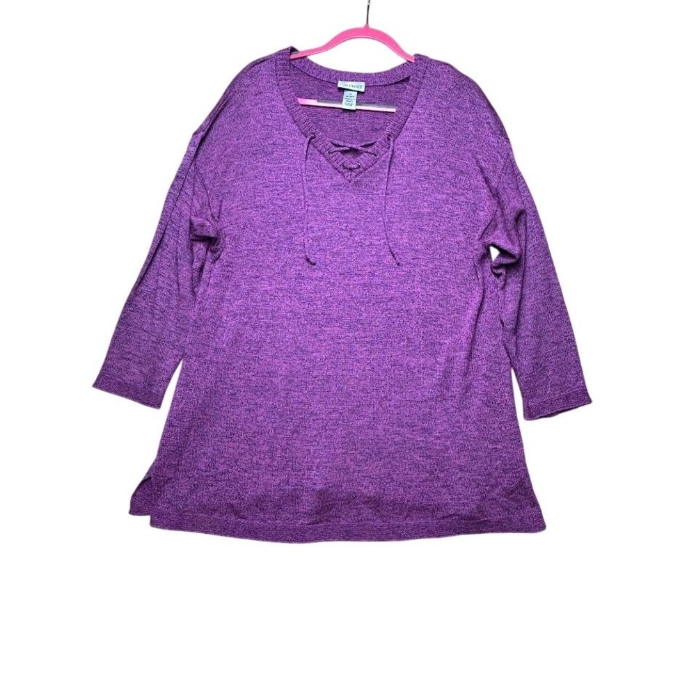 Catherines Womens 1X Purple Marled Lace Up V-Neck Tunic‎ Sweater 3/4 Sleeve